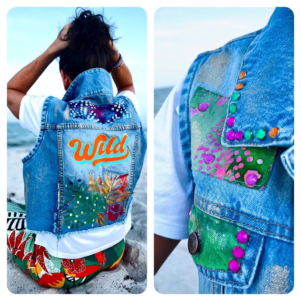 Born Free hand painted and intervened denim vest M/L